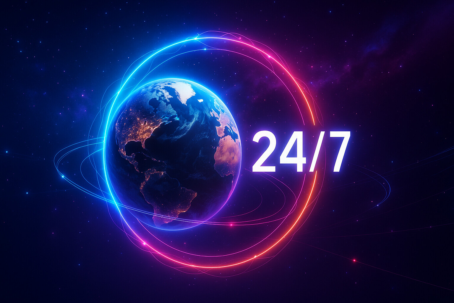 Globe encircled by neon rings with 24/7 text highlighting around‑the‑clock service