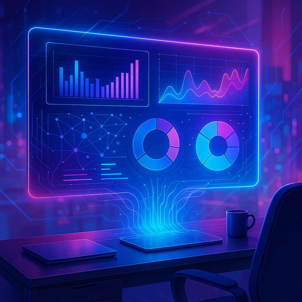 Neon data dashboard with charts and graphs