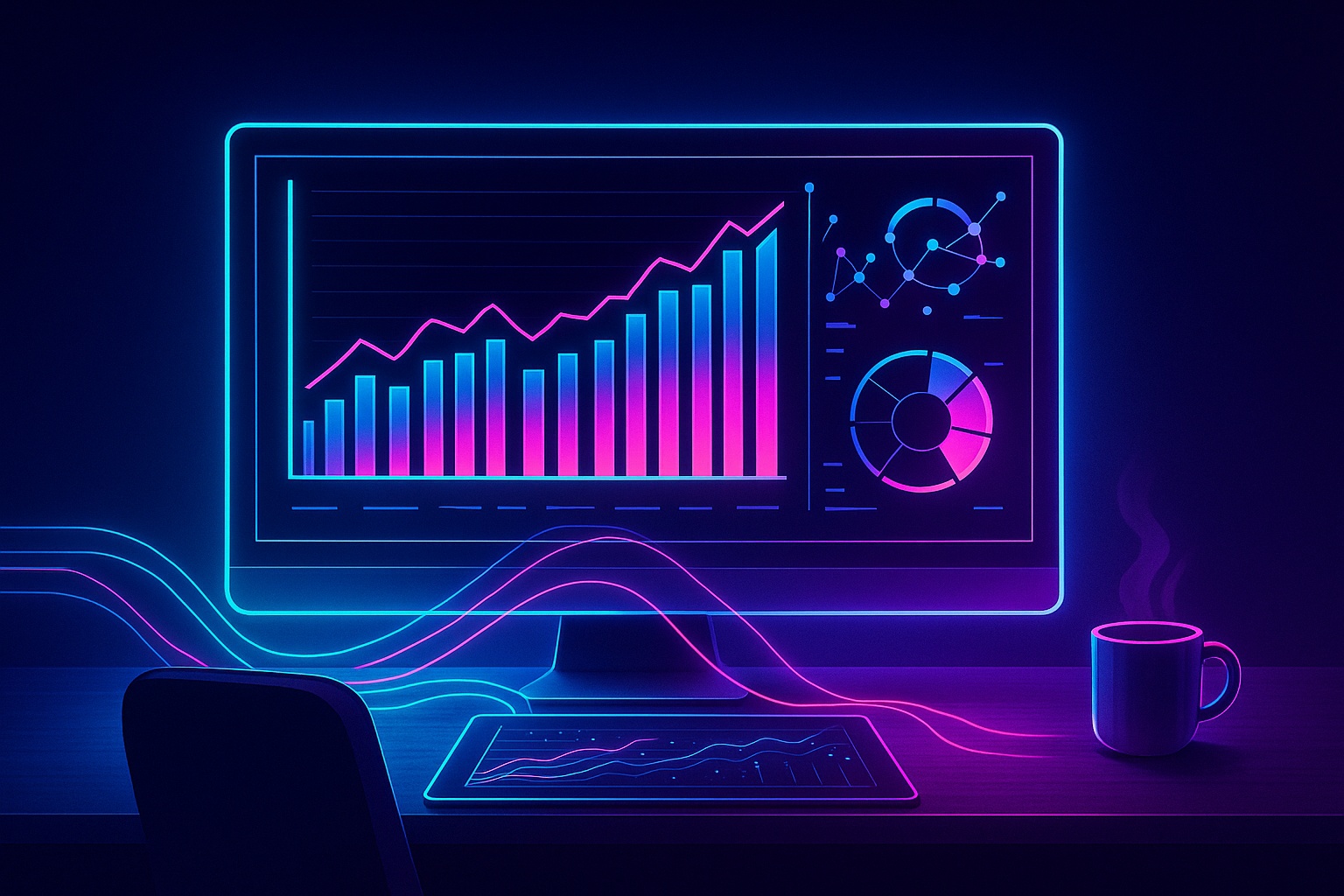 Neon data dashboard with charts and graphs