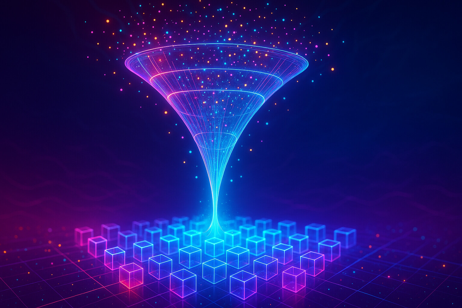 Funnel transforming scattered data points into organised cubes