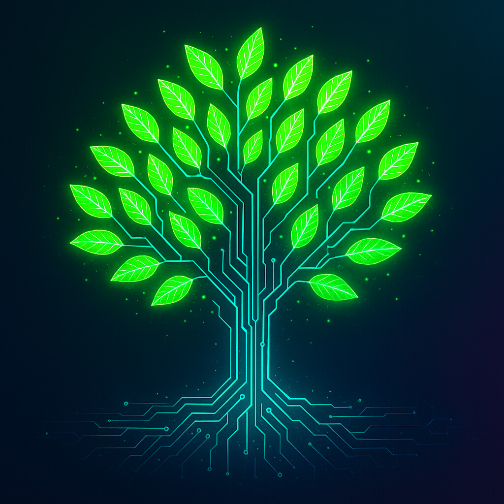 Circuit tree with green leaves symbolising sustainable growth through technology