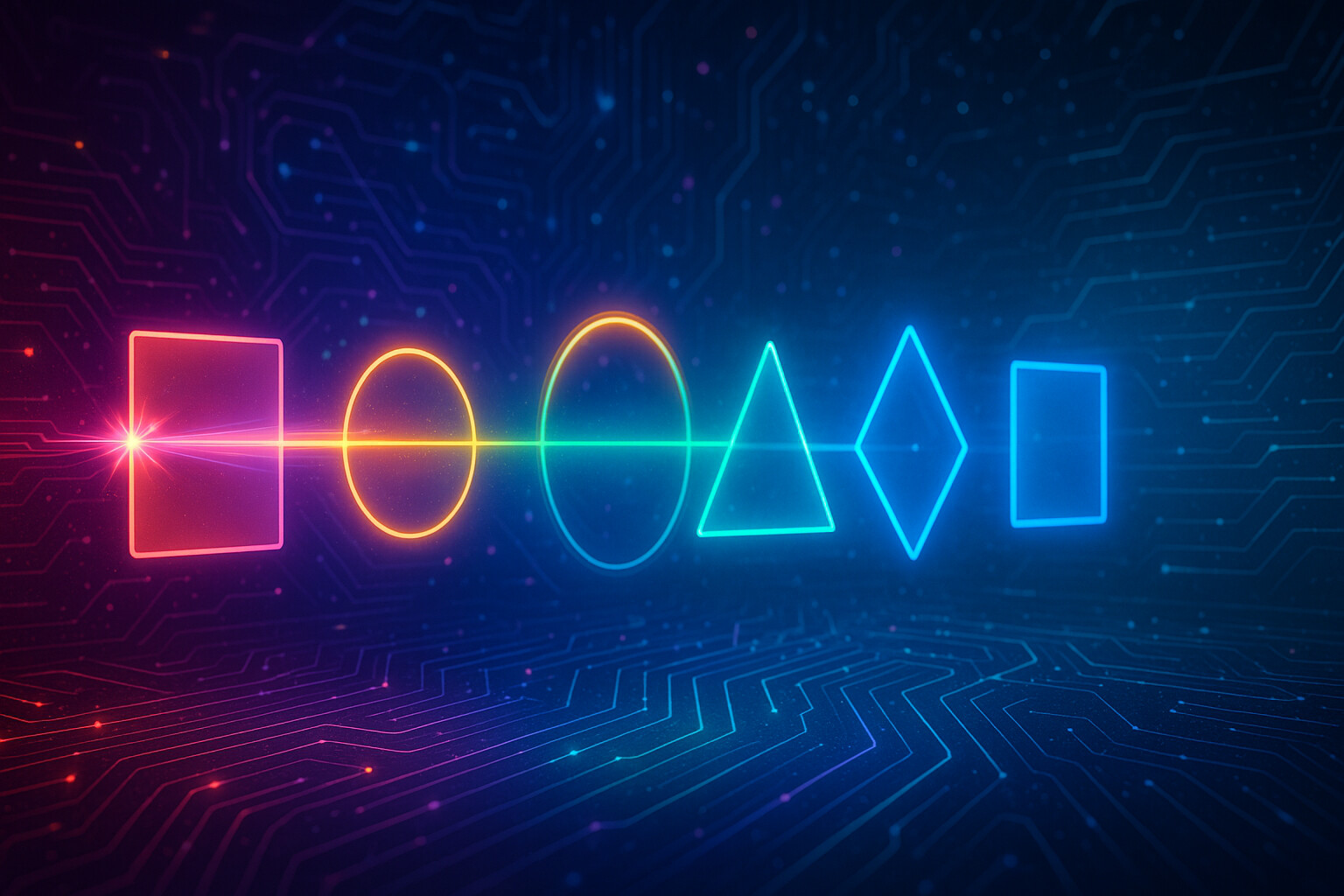 Colourful shapes connected by a rainbow line representing workflow automation