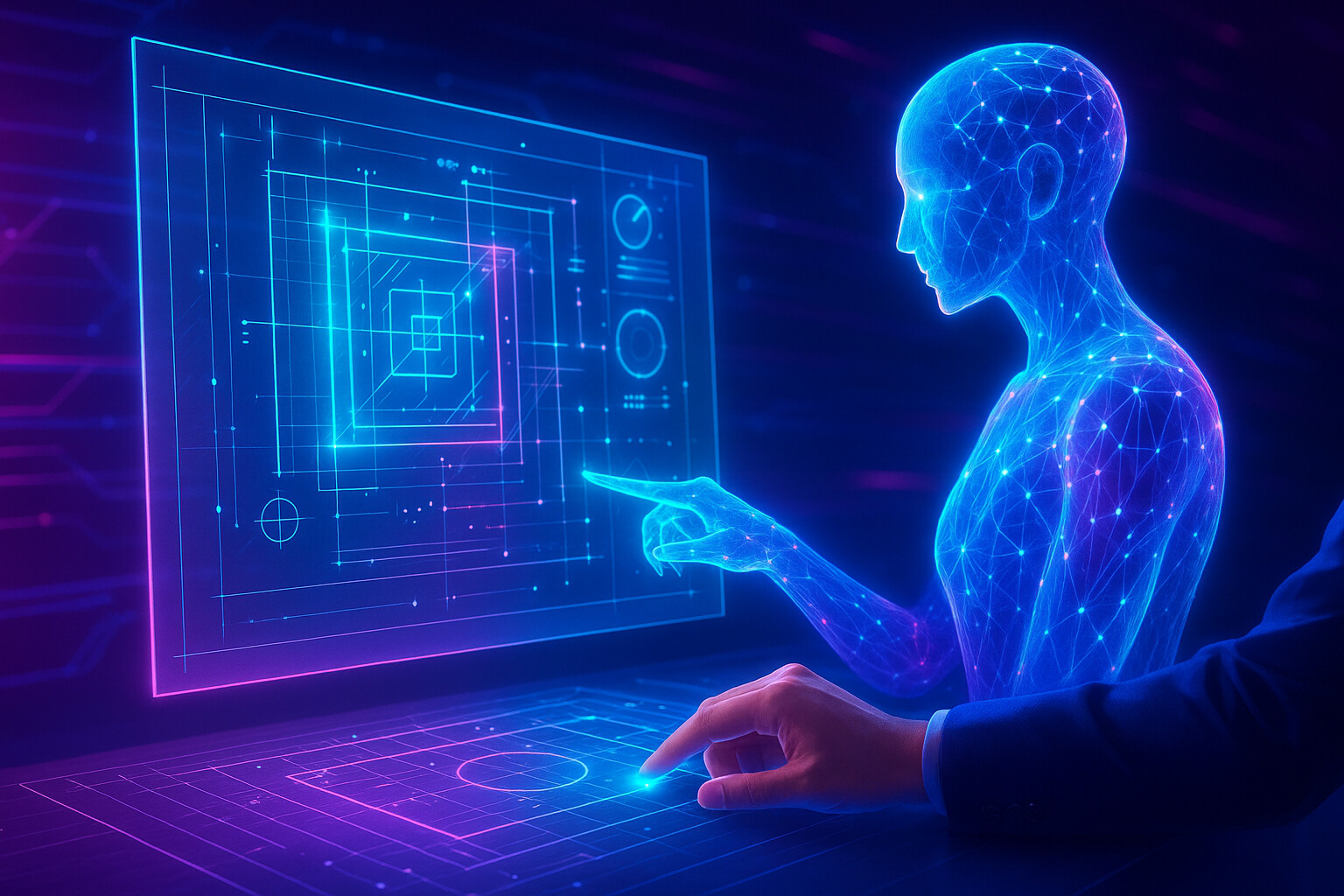 Digital human interacting with a futuristic interface