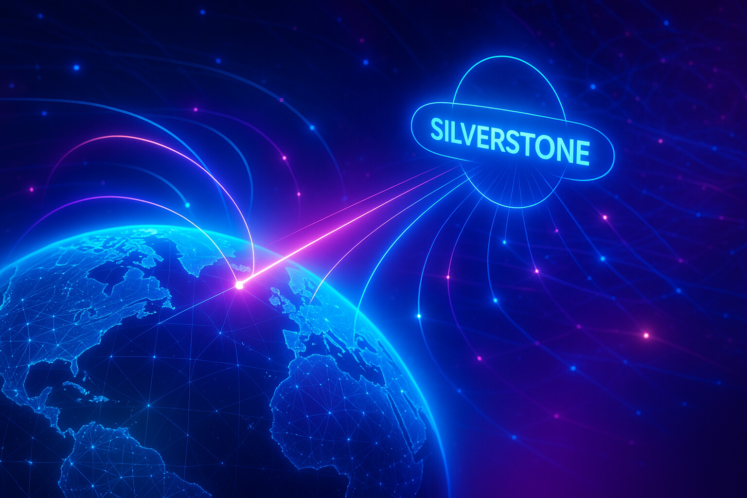 Glowing network connections linking the world to Silverstone