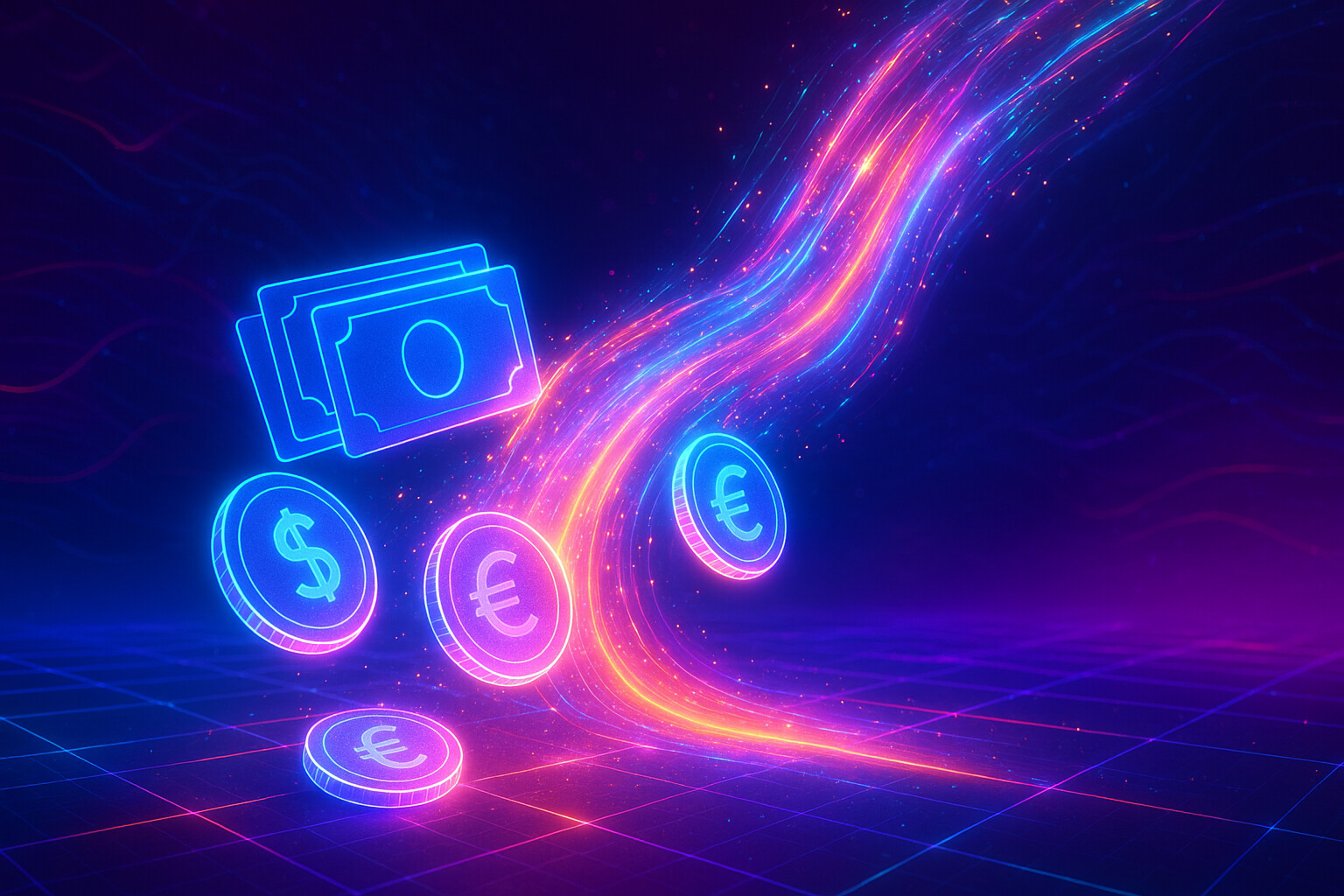 Neon coins and banknotes swirling through a digital stream