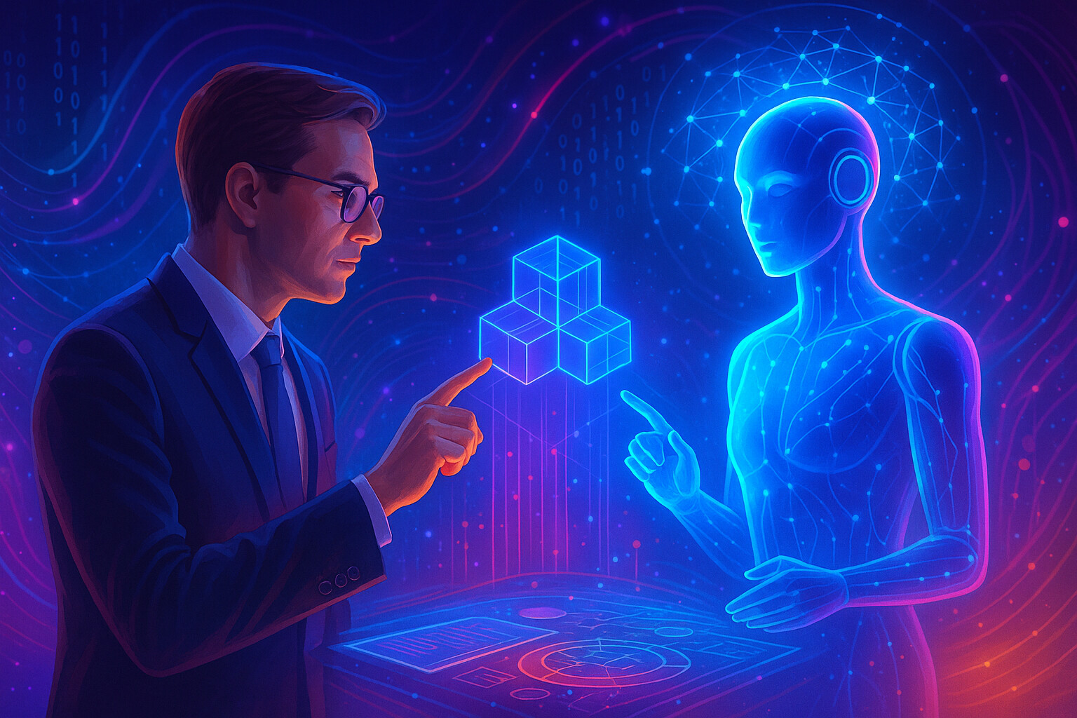 Businessman collaborating with a digital AI figure