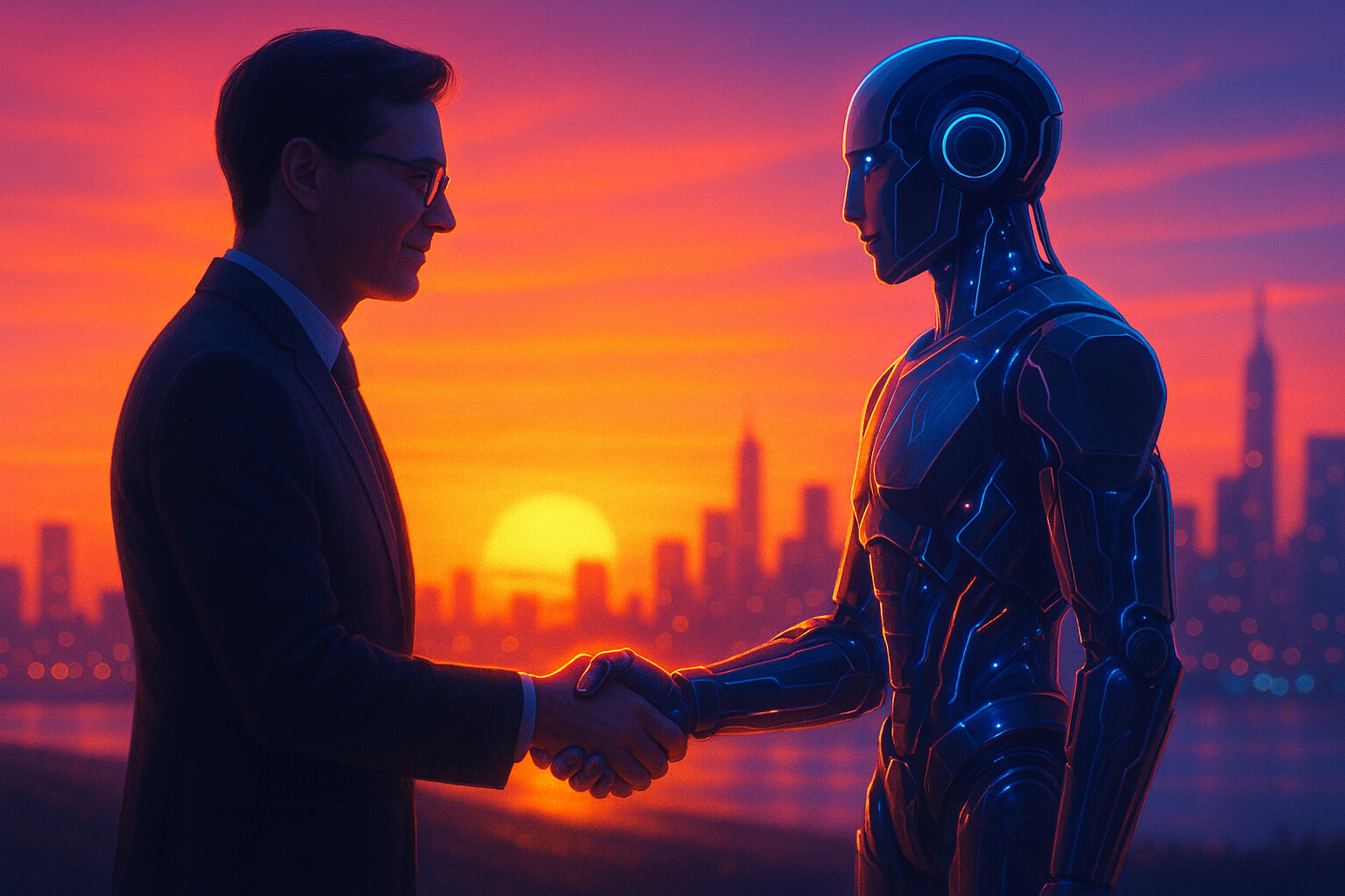 Business handshake with robot at sunset