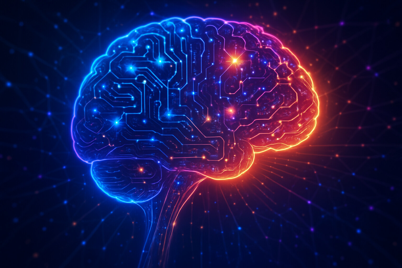 Neon brain made of circuitry representing artificial intelligence
