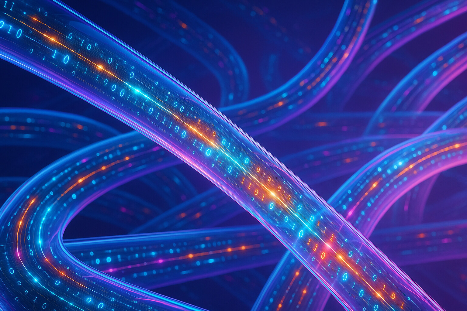 Translucent digital pipes carrying binary code