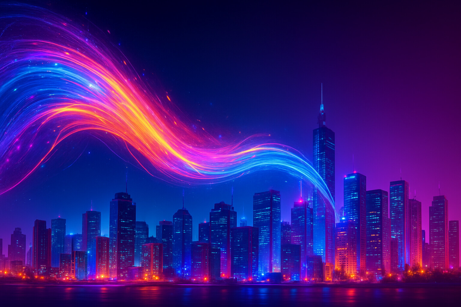 Futuristic city with flowing light trails