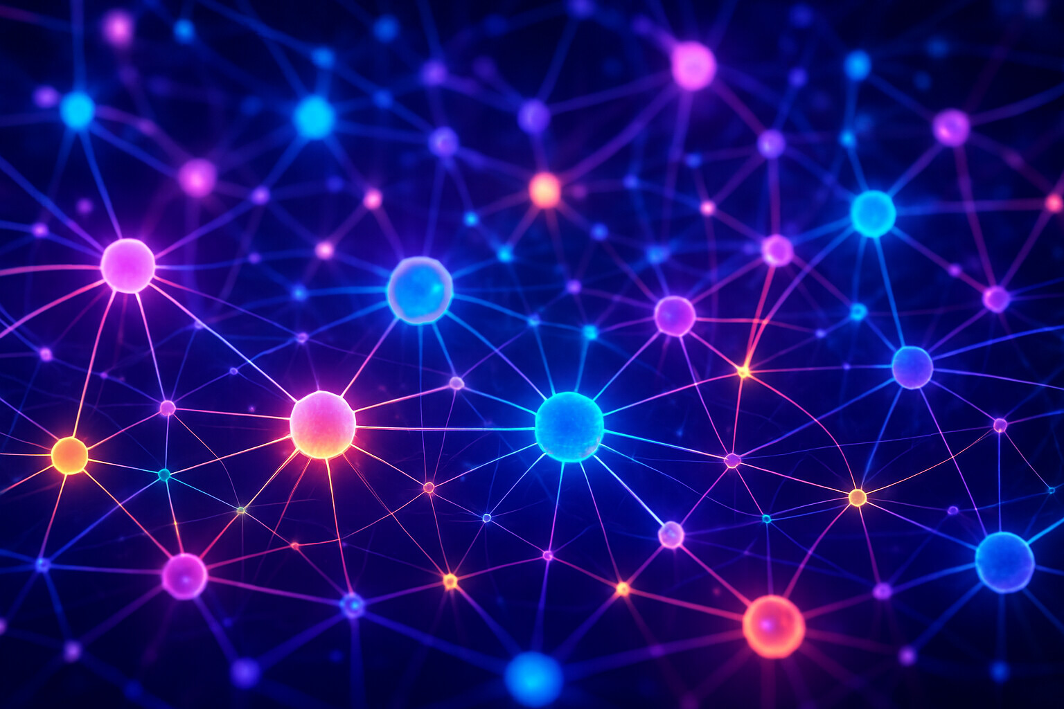Colourful nodes connected in a complex neural network
