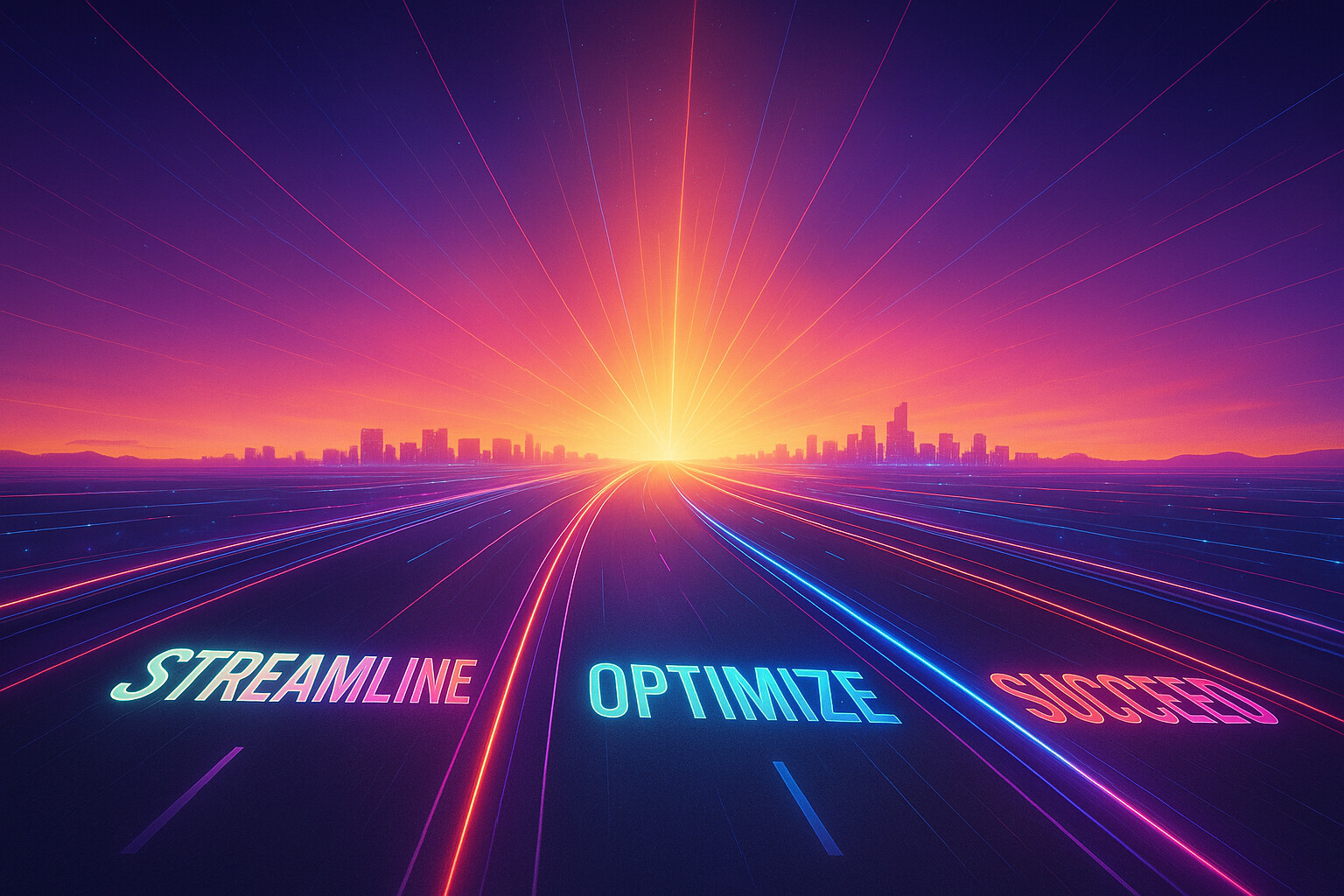 Highway towards a sunrise with Streamline, Optimise and Succeed text