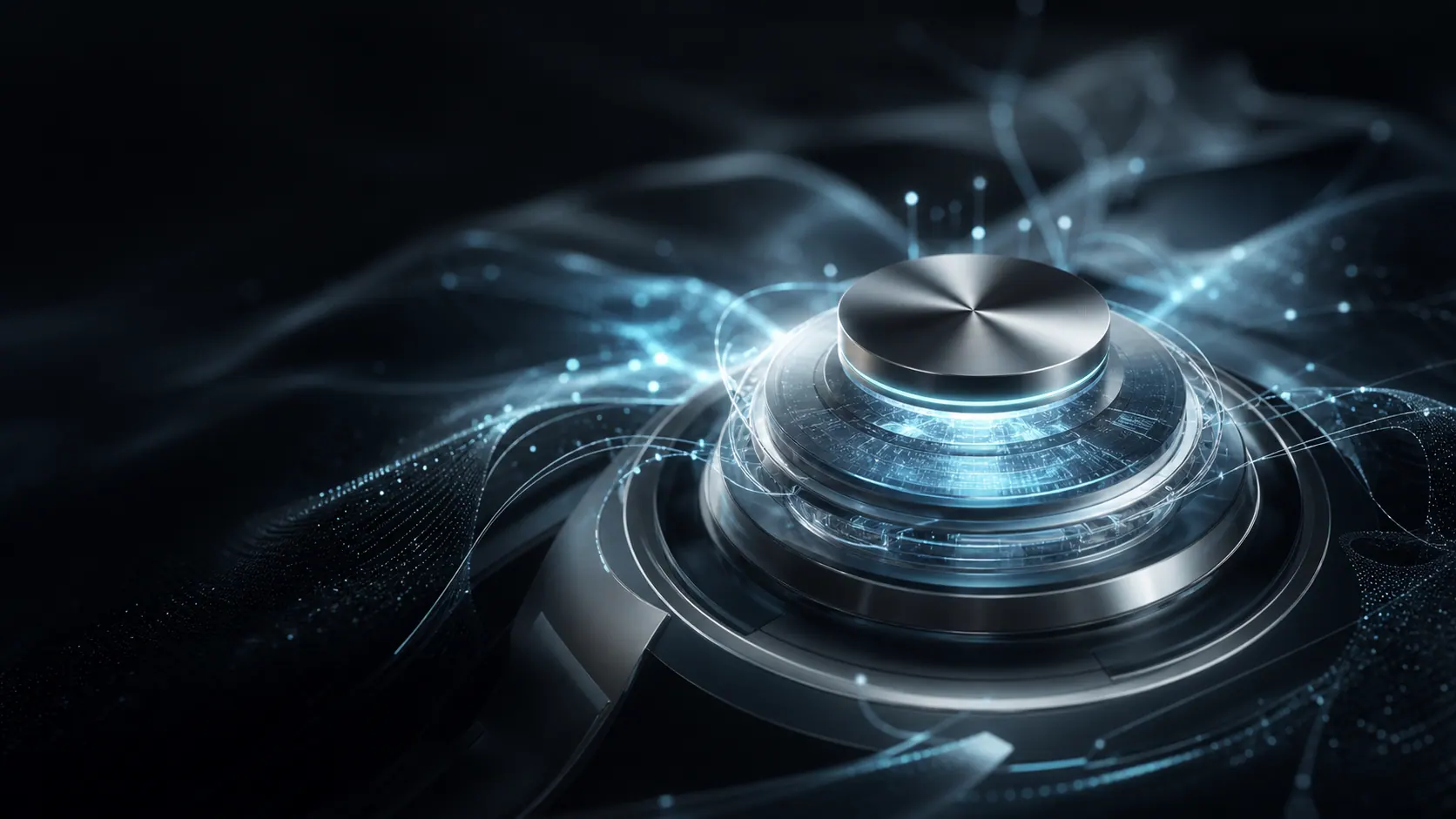 Abstract chrome AI operating layer with cyan signal paths resolving into a central Silverstone system core.