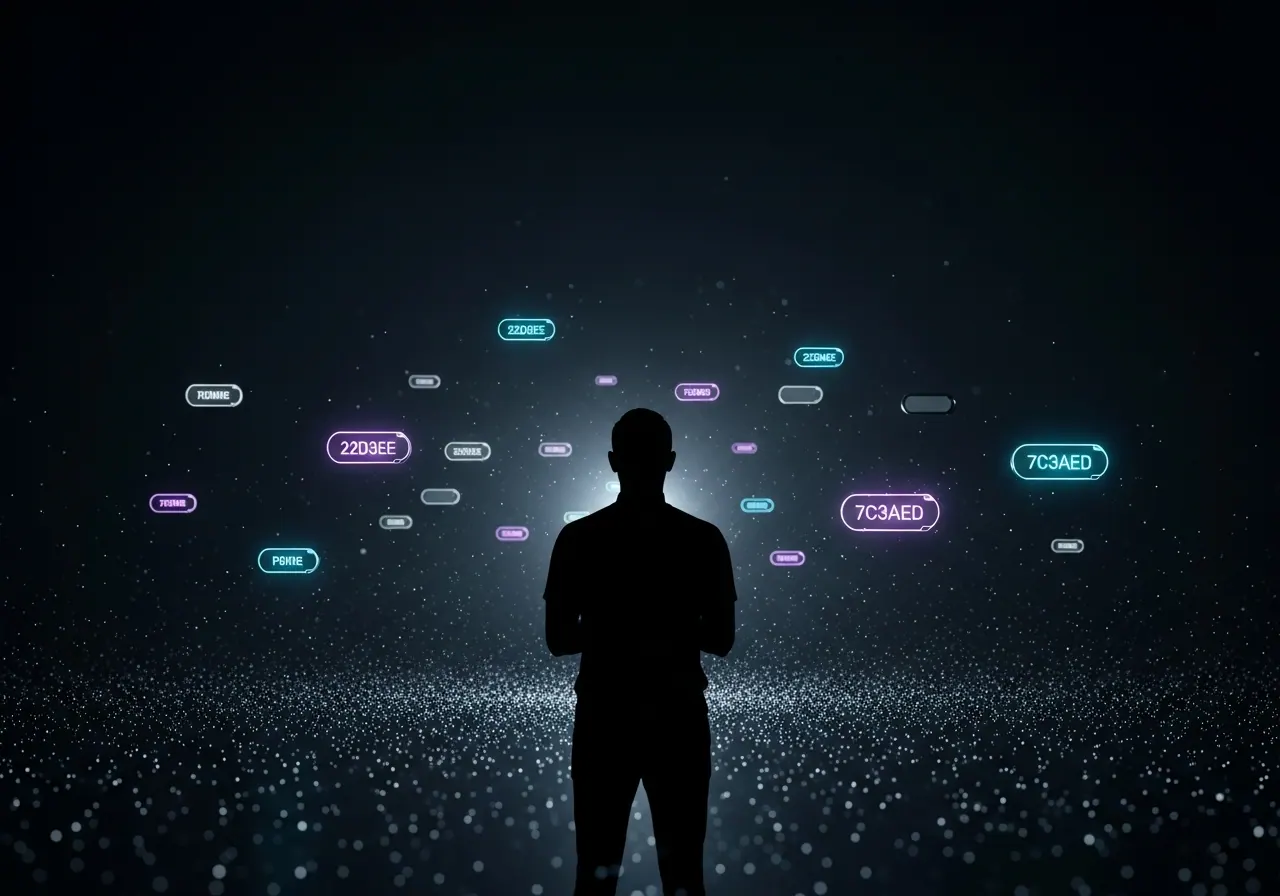 A lone figure contemplating a softly glowing field of data nodes, representing human-in-the-loop control.