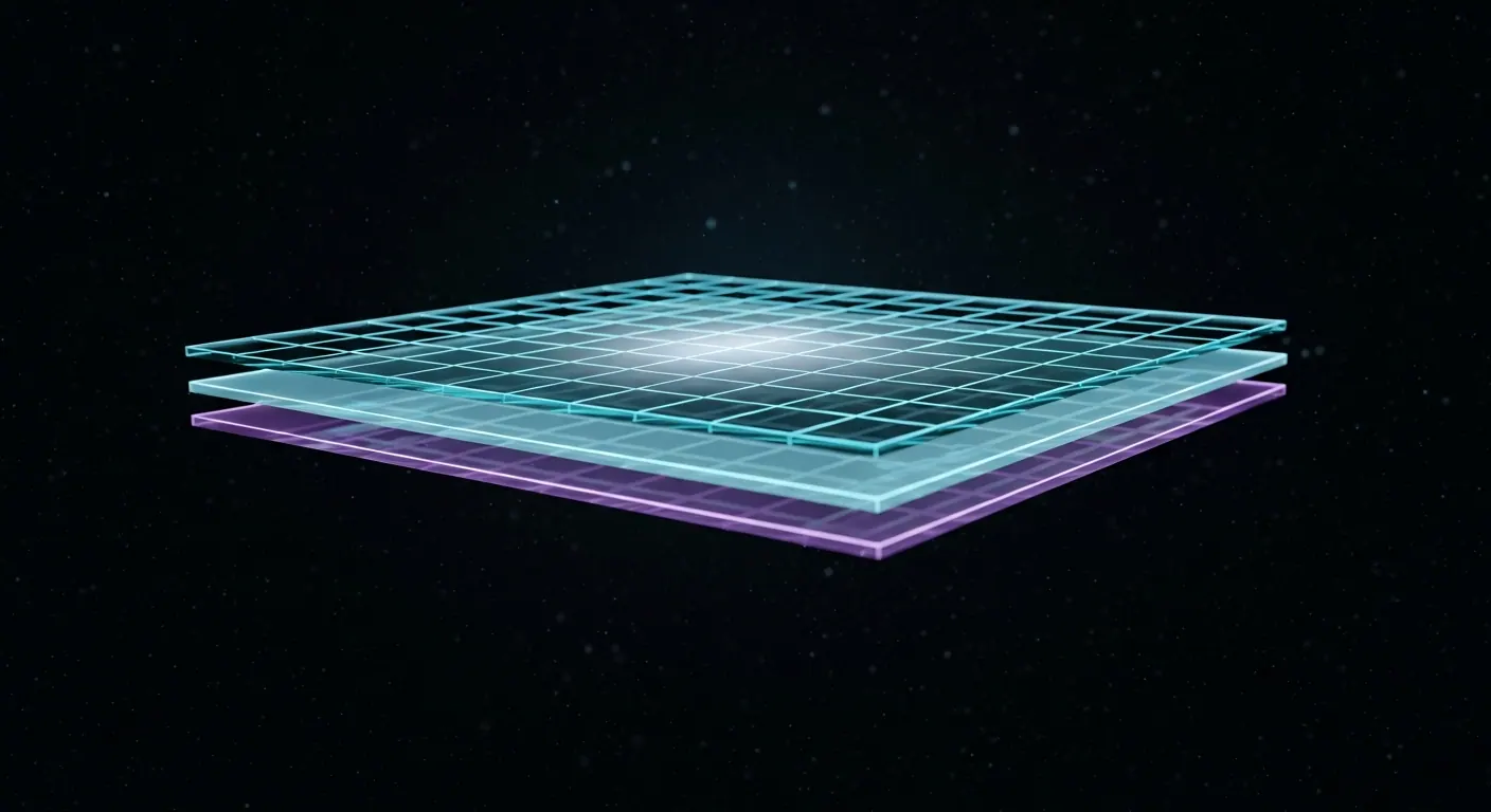 Layered translucent control planes glowing in dark space, representing one unified operating surface.