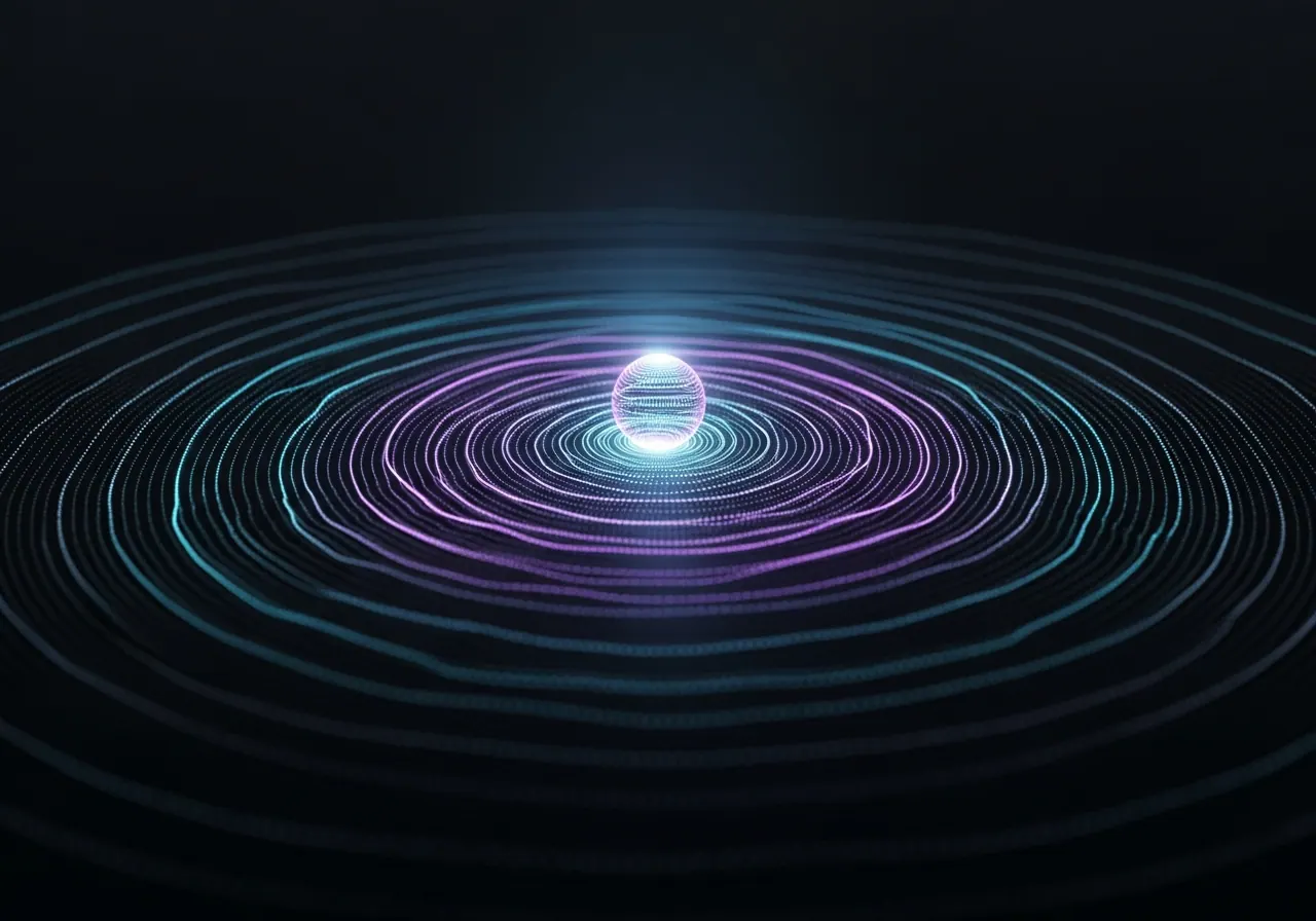 Luminous concentric waveform radiating from a glowing orb, representing always-on voice automation.